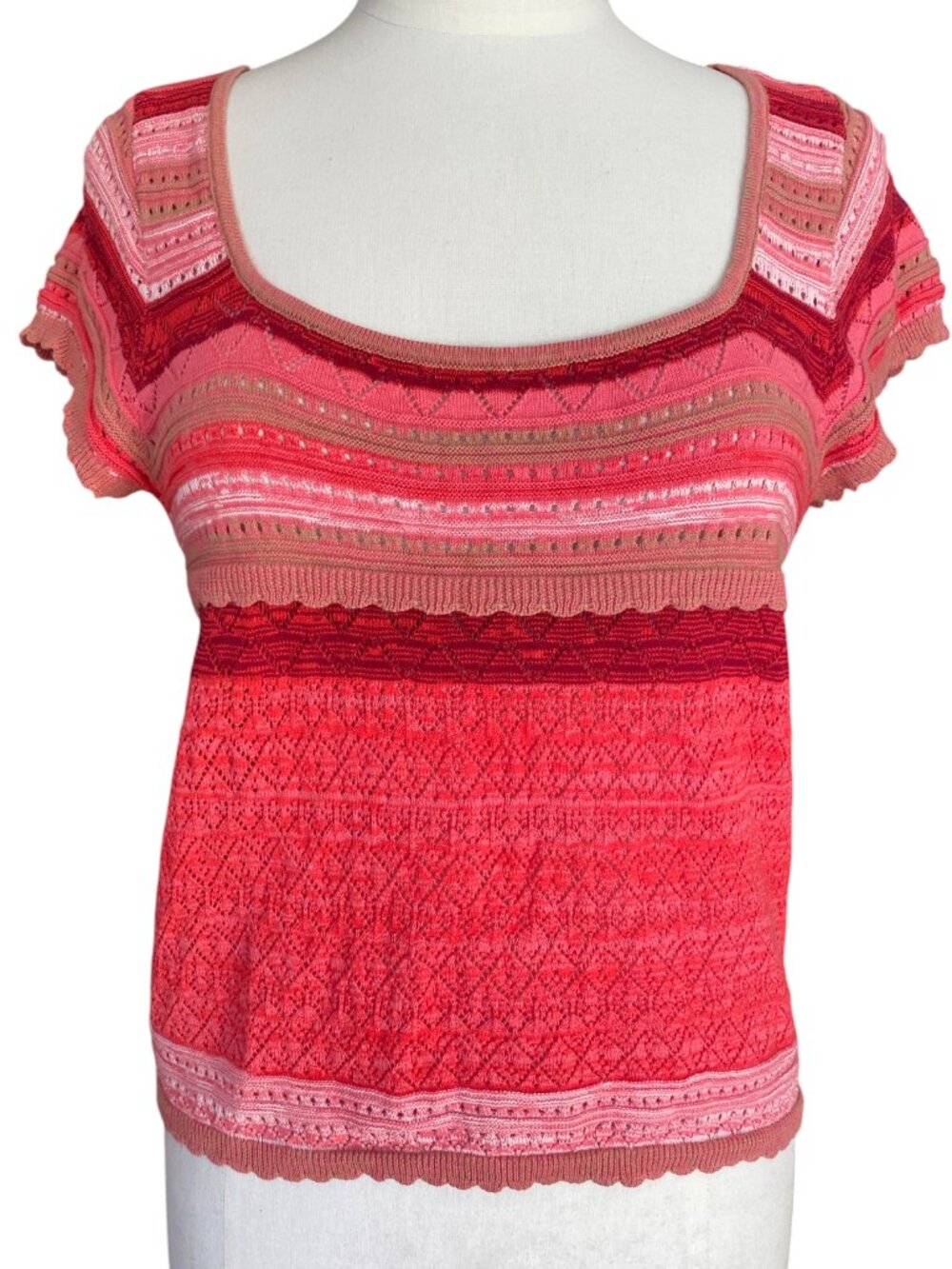 FRYE Red Pink Pointelle Knit Short Sleeve Sweater Top Stripes Cottage Feminine-L